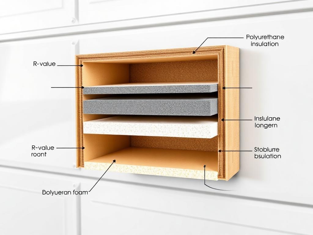 Cross-section of insulated garage door panel showing polyurethane foam insulation layers and R-value materials