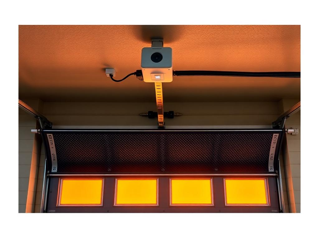 Garage door safety sensors and photo-eye crush prevention system with LED indicators at bottom of residential garage door