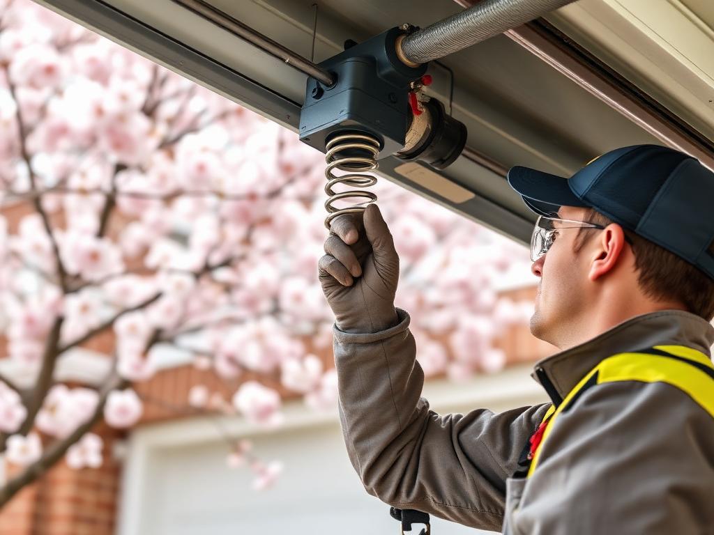 Professional technician performing spring maintenance on residential garage door with cherry blossoms in background