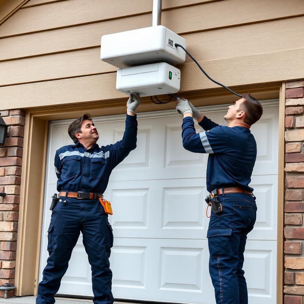 Professional garage door installation team mounting a new opener system with precision and expertise